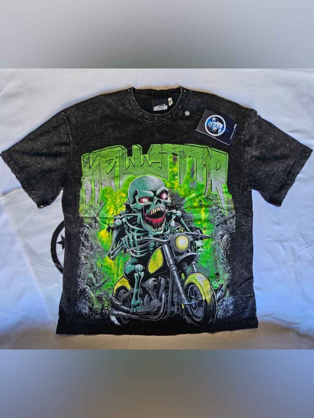 Hellstar Black Graphic Skull Motorcycle Tee - Green Accent